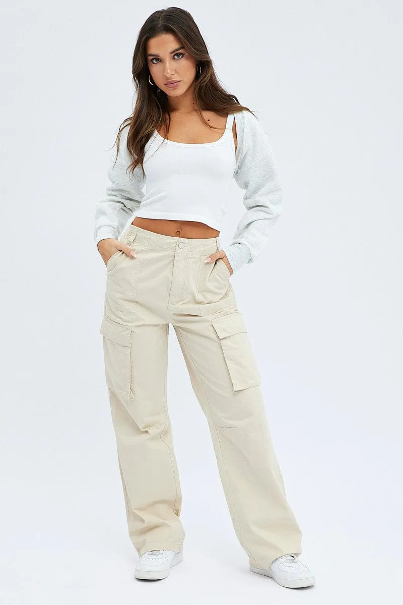 Curved Waistline Trendy Appeal Beige Cargo Pants Low Rise