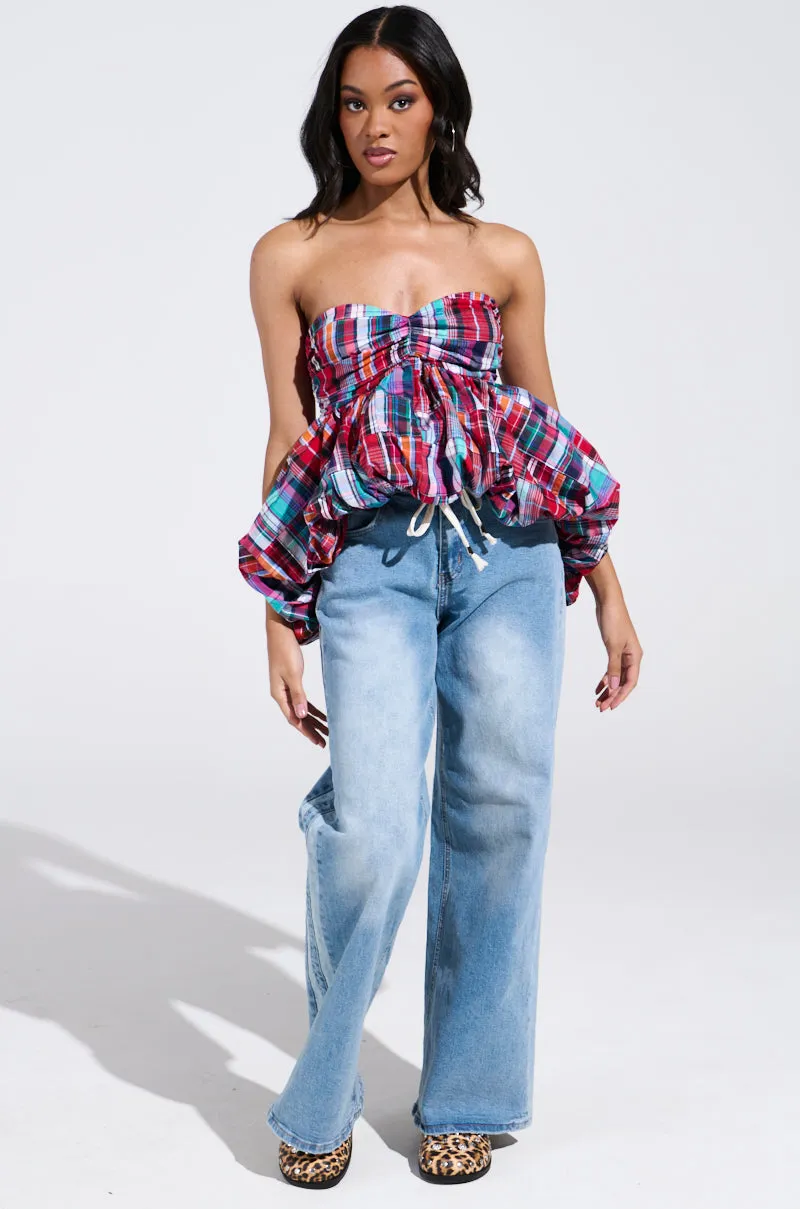 MIXED PLAID CROPPED BUBBLE BLOUSE high - level safety certification Border - protection - worthy