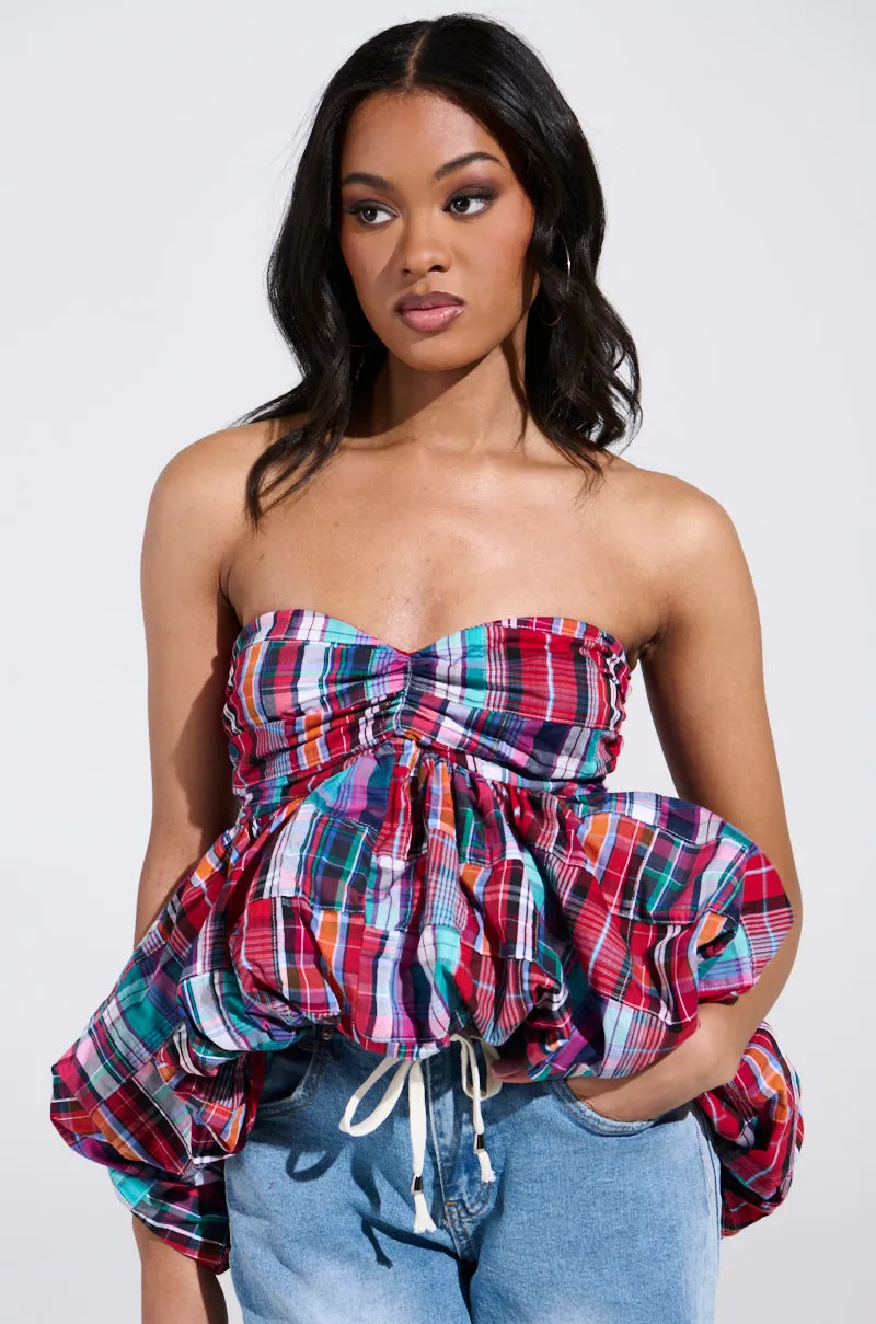MIXED PLAID CROPPED BUBBLE BLOUSE Bound Edges