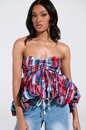 Core Fresh Core Fit MIXED PLAID CROPPED BUBBLE BLOUSE