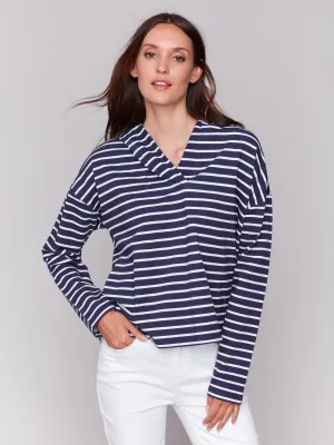 Striped French Terry Hoodie - Navy & White Unisex Modern Layering