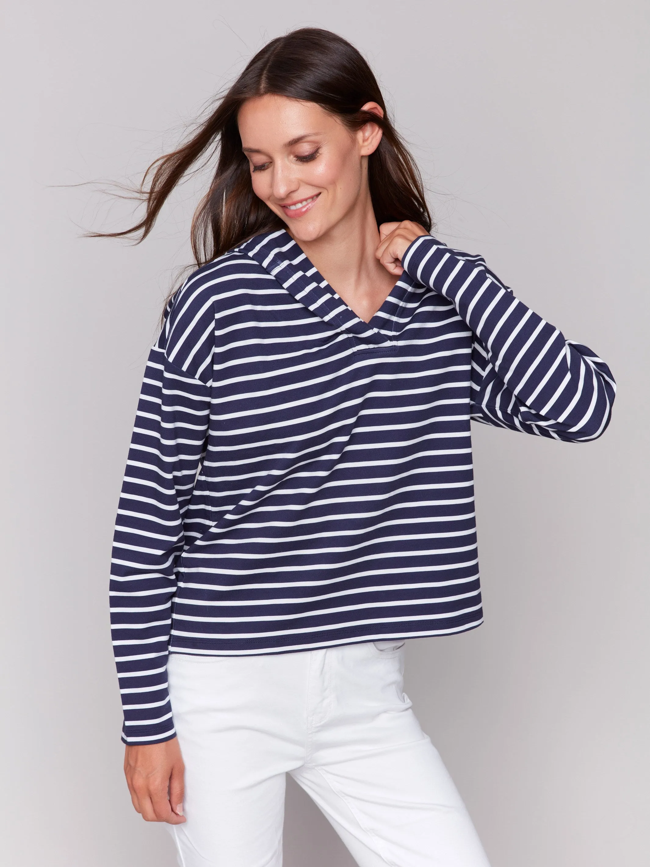 Striped French Terry Hoodie - Navy & White athletic style