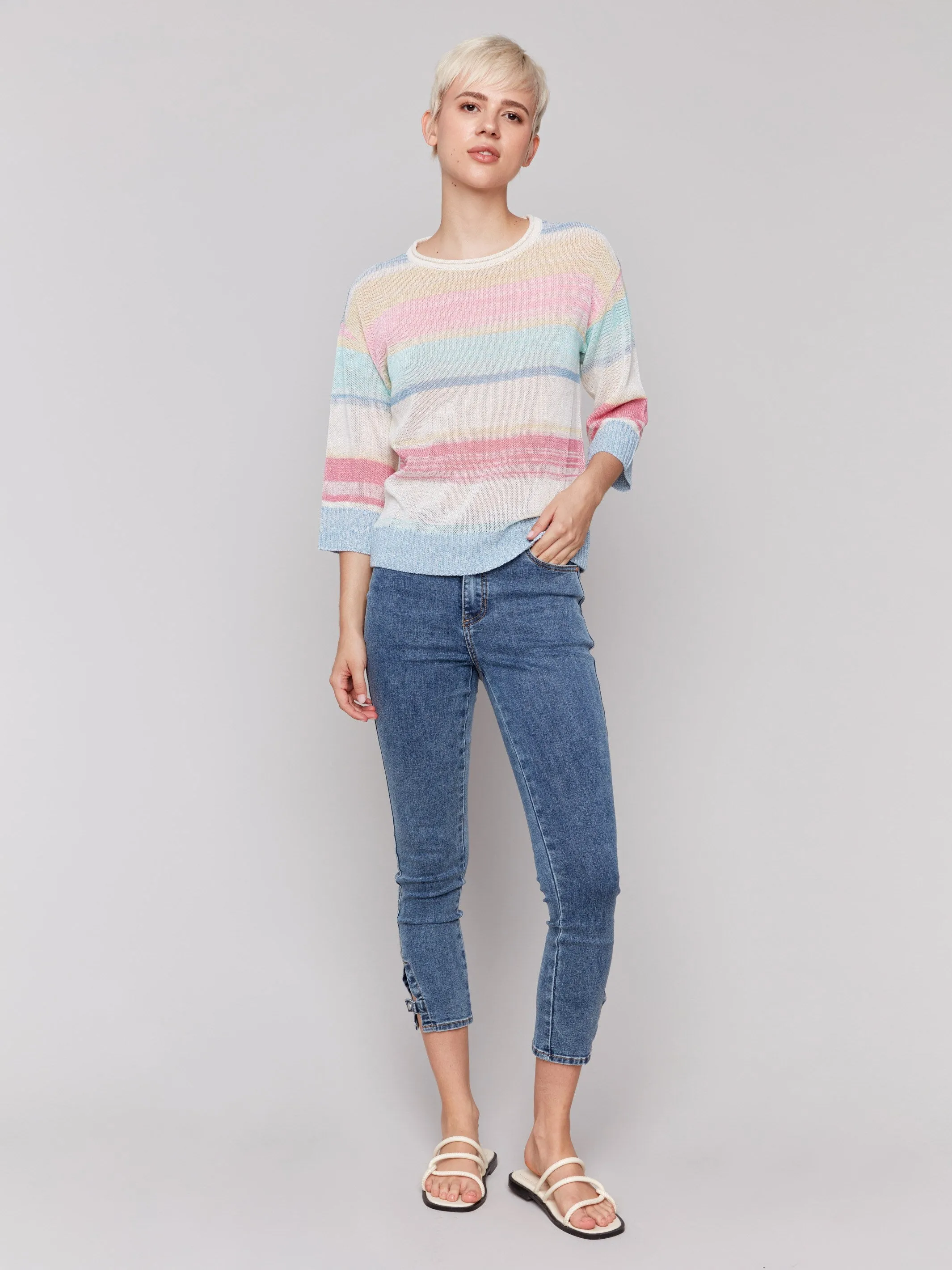 Simple Warmth Striped 3/4 Sleeve Sweater - Pastel