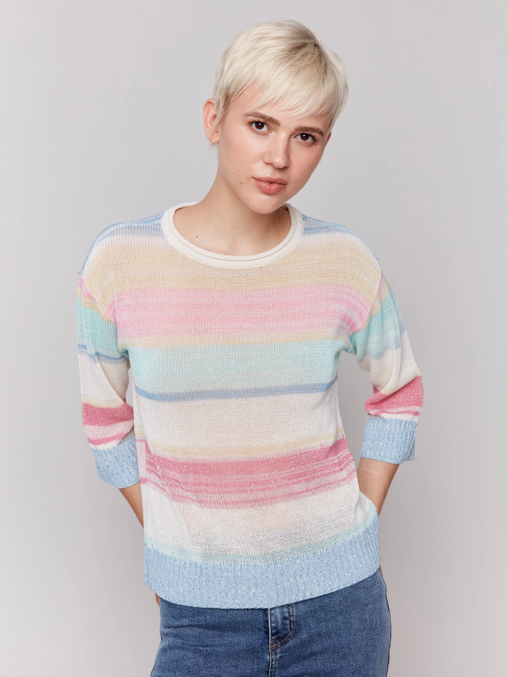 Machine washable Striped 3/4 Sleeve Sweater - Pastel