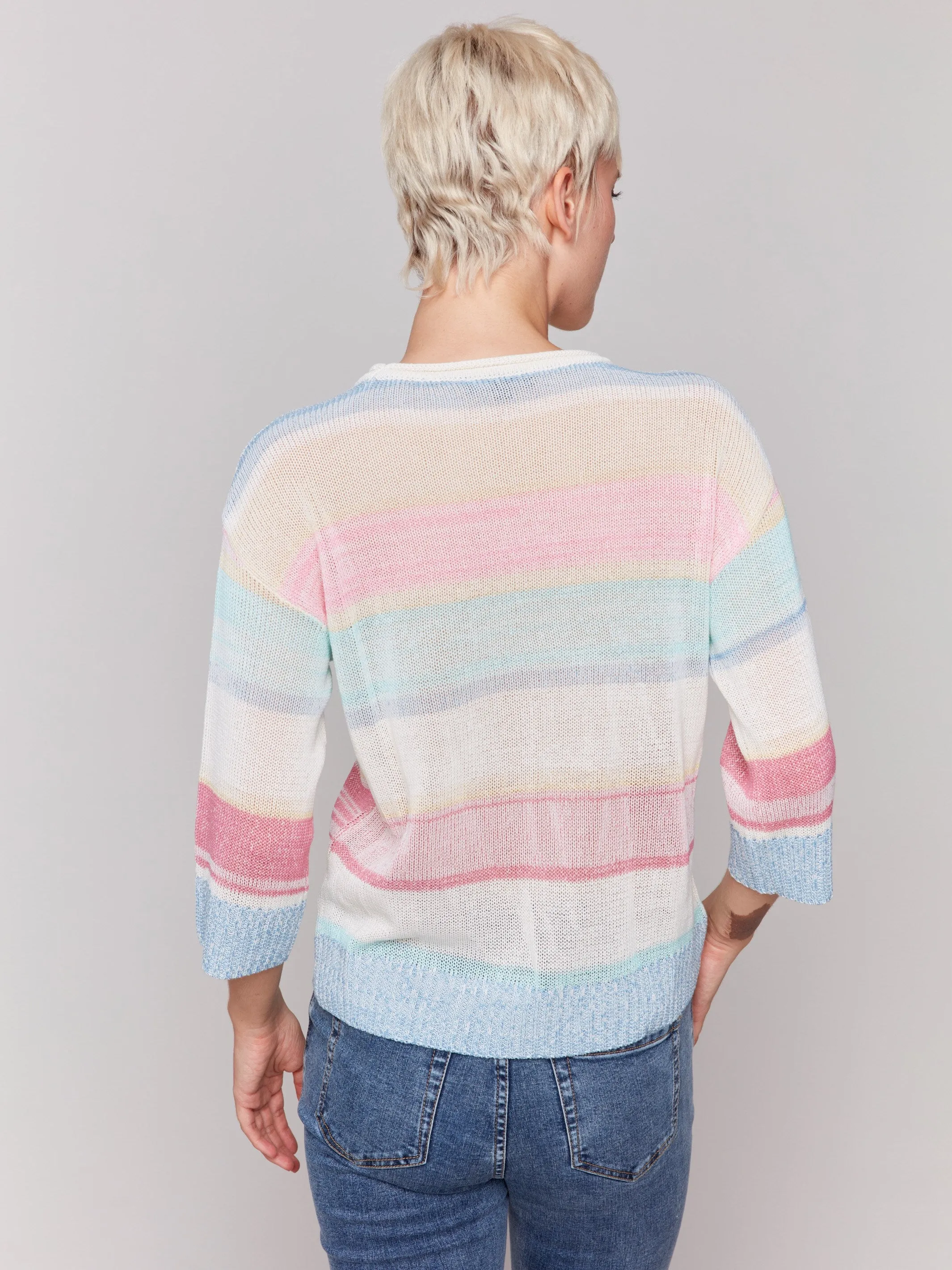 Soft and Cozy Knit Versatile Layering Striped 3/4 Sleeve Sweater - Pastel