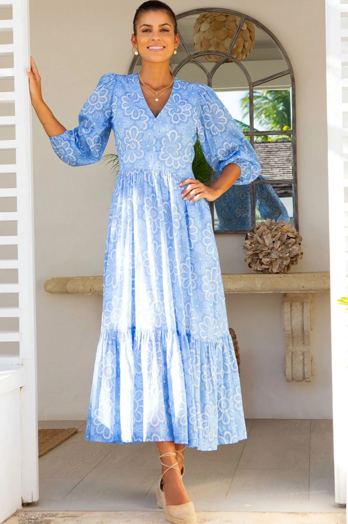 Drift Sand Poetic Move Annie Maxi Organic Cotton Dress | Lace Floral Cornflower/White
