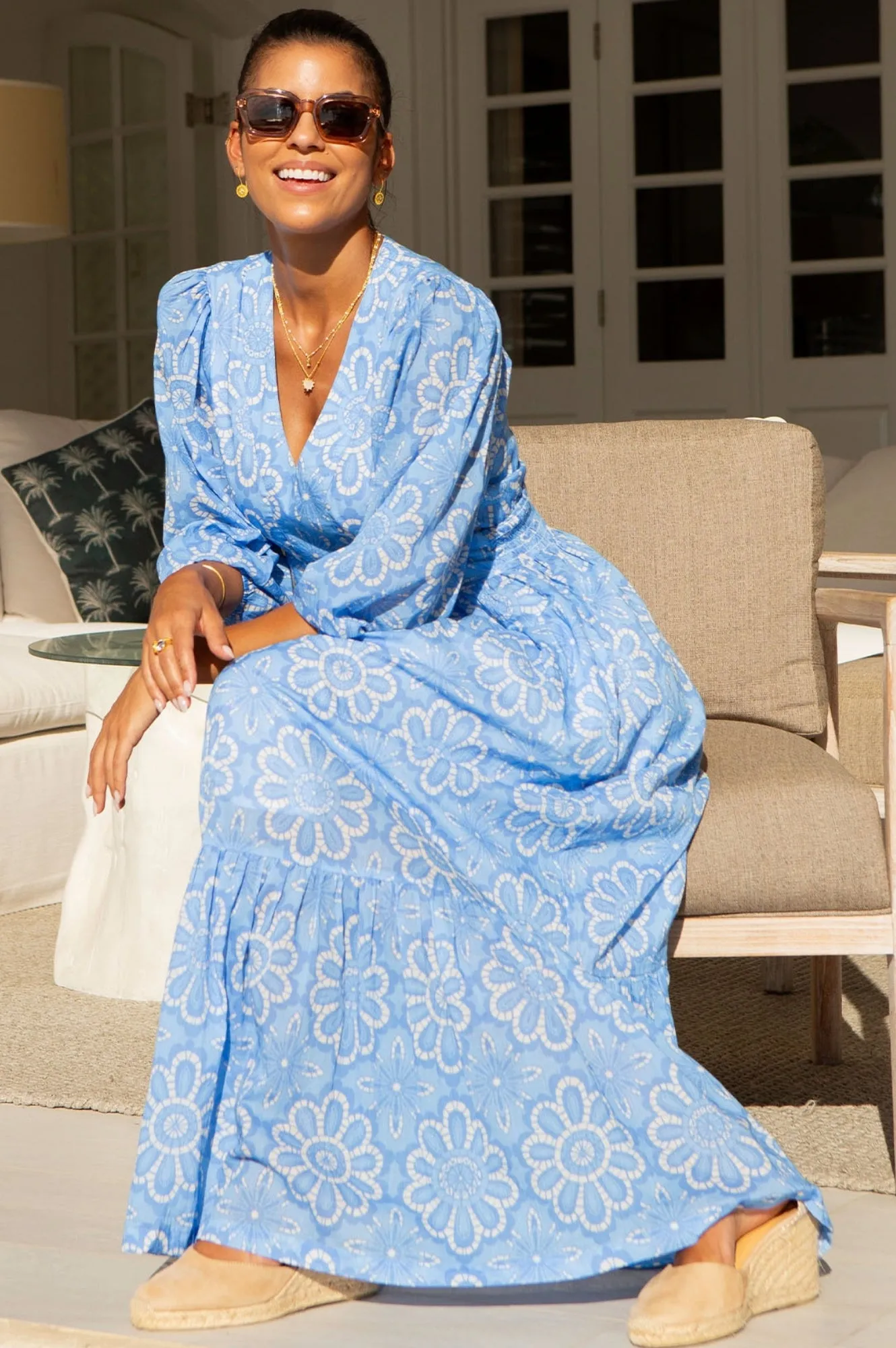 Annie Maxi Organic Cotton Dress | Lace Floral Cornflower/White Relaxed fit summer gown Summer Glow