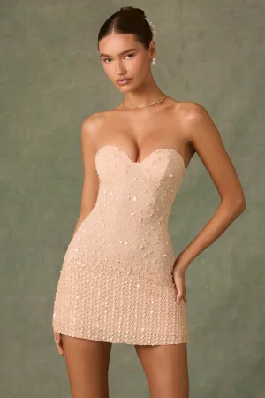 Scene Rush Street Style Embellished Sweetheart-Neck A-Line Mini Dress in Apricot