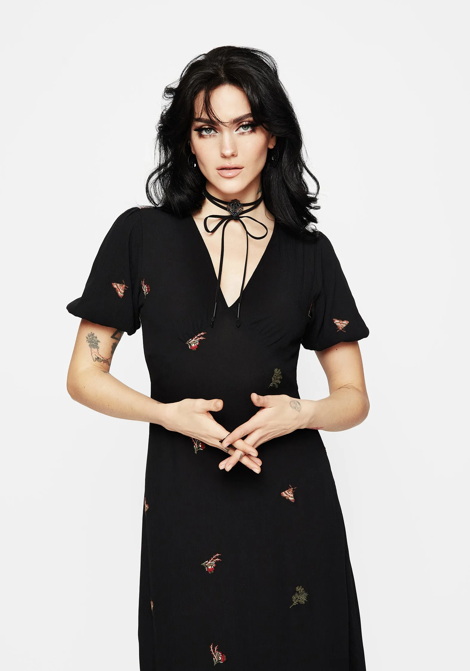 Port Lane Moon Beam Copia Moth Embroidered Maxi Dress