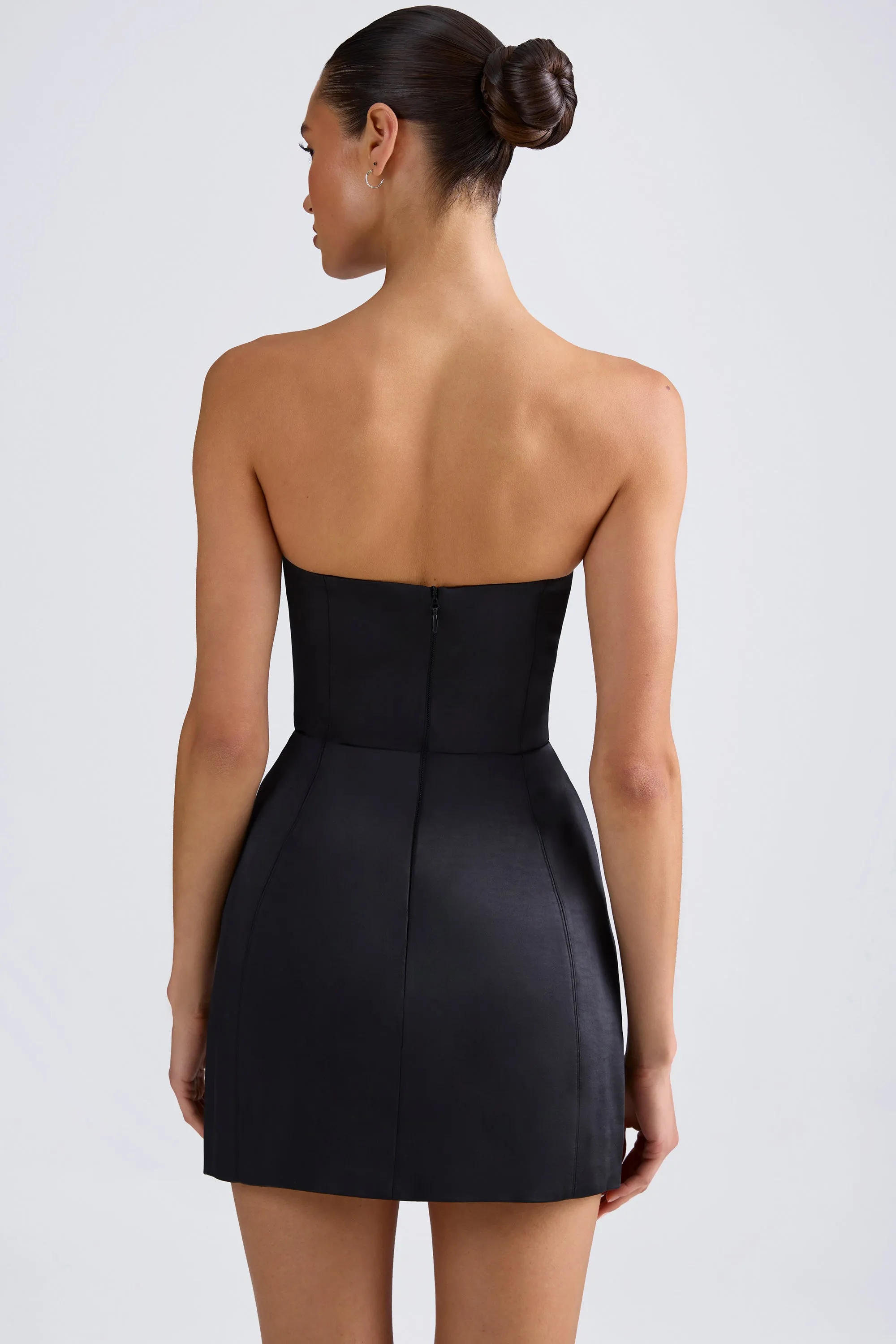 Bandeau Structured Tulip Mini Dress in Black Sheer Panel Insertion Fearless Charm