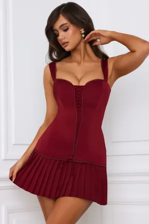 Bow-Detail Lace-Up Corset Mini Dress in Berry Red Simple Chic