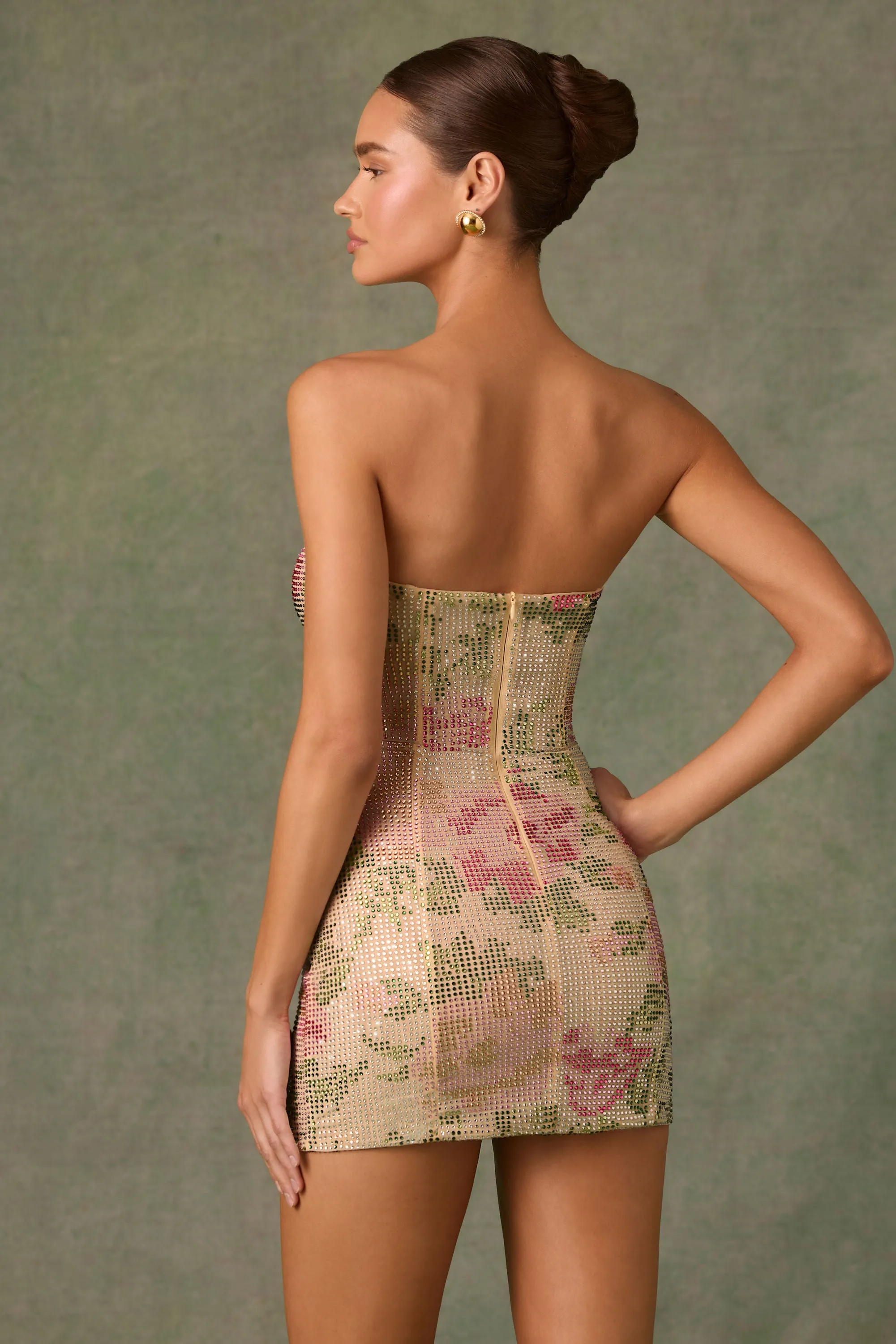 Breathable Lining Street Spice Embellished Sweetheart-Neck A-Line Mini Dress in Rose Hotfix
