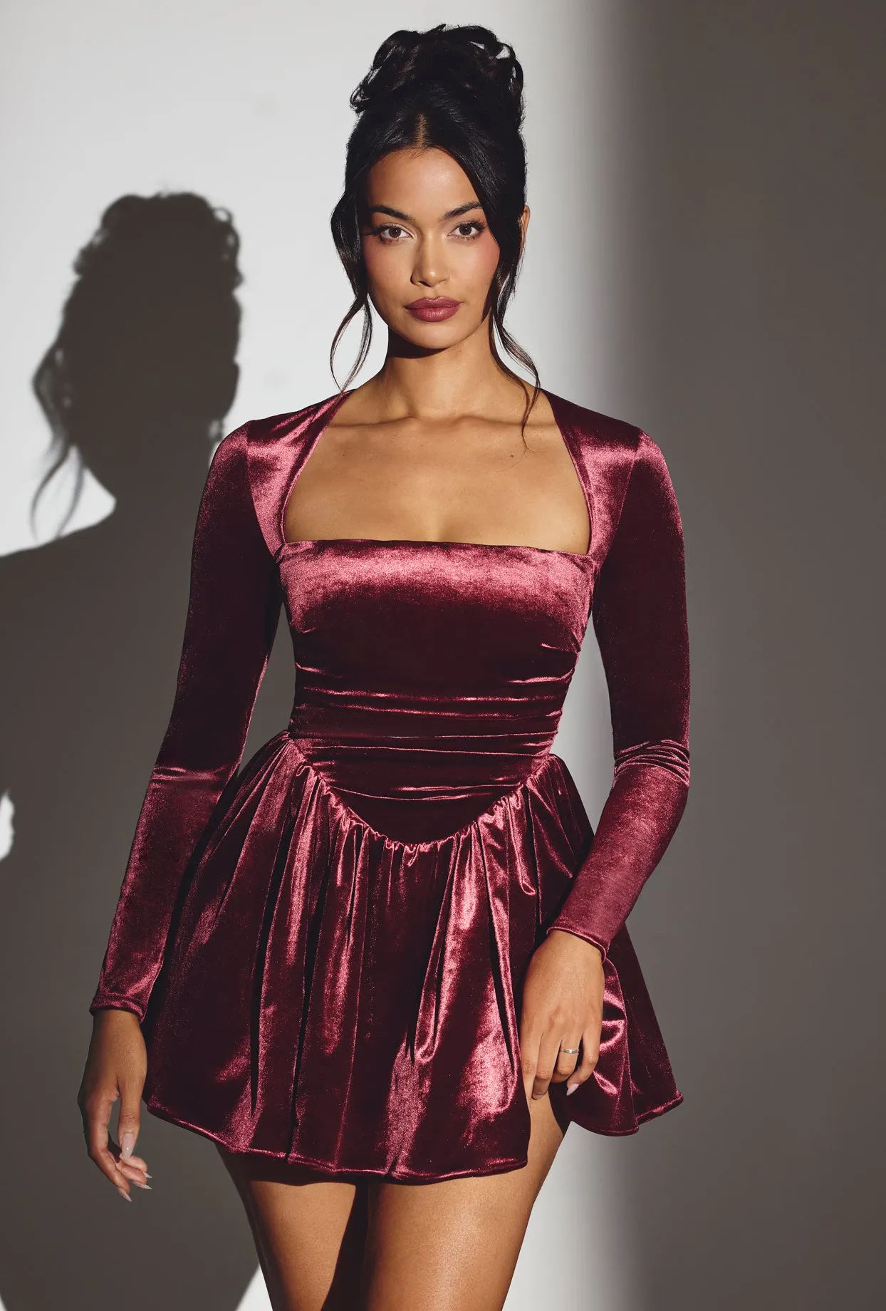 Velvet Long Sleeve Corset Mini Dress in Wine City Look