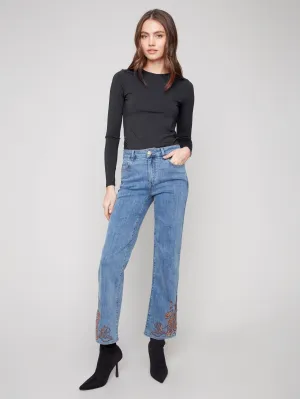 Street Cool Street Casual Straight Leg Jeans With Lace Embroidery - Medium Blue