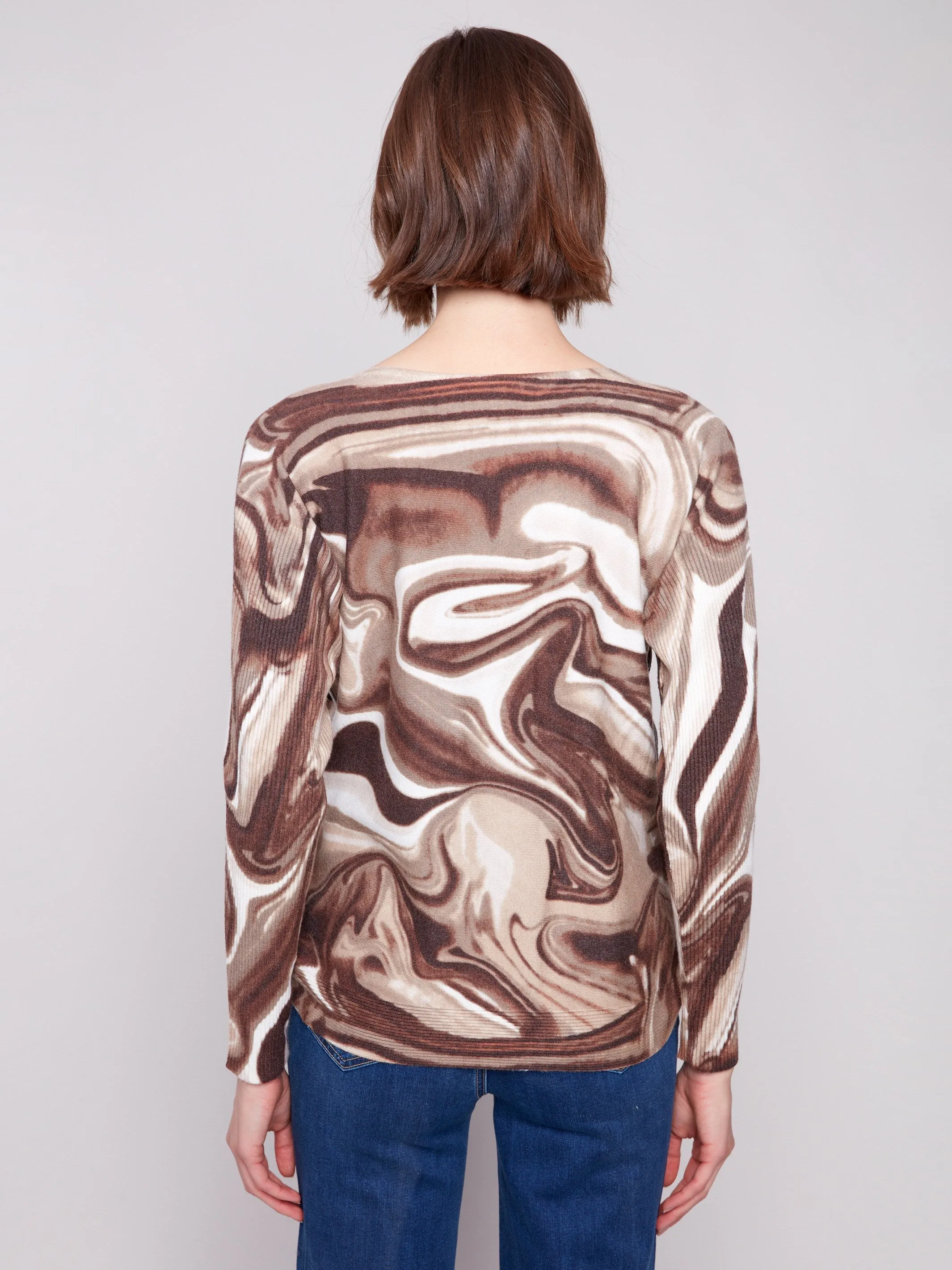 Stylish Knit Look Comfy Layers Printed Boat Neck Sweater With Side Buttons - Swirls