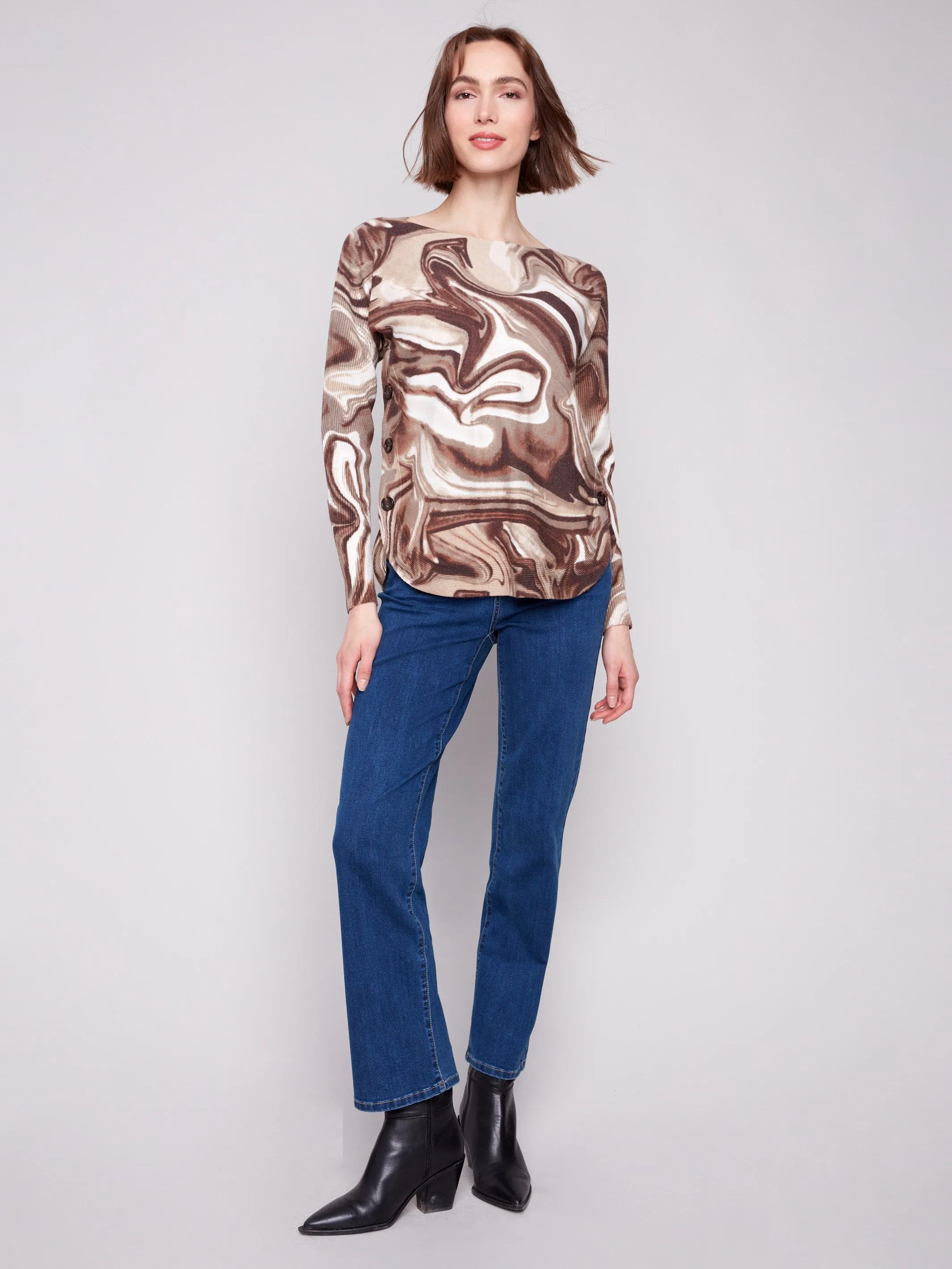 Reinforced Cuffs Printed Boat Neck Sweater With Side Buttons - Swirls