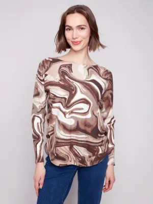 Chunky Yarn Textured Fabric Printed Boat Neck Sweater With Side Buttons - Swirls
