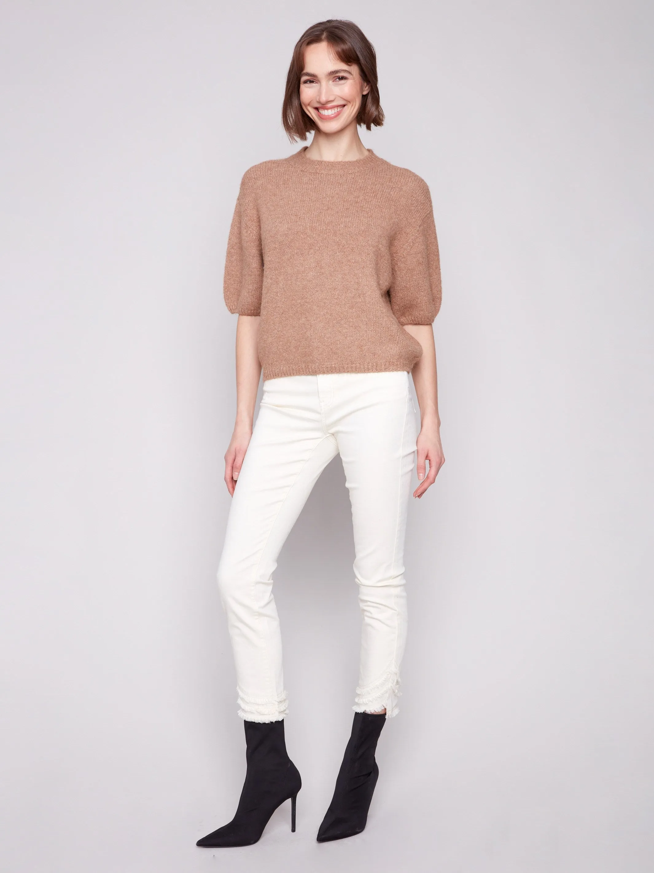 Wrinkle Free Material Knit Apparel Balloon Elbow Sleeve Knit Sweater - Sesame