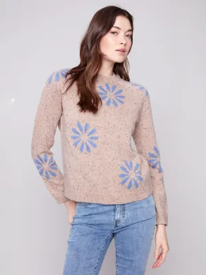 Sophisticated Style Layering Knit Nep Yarn Mock Neck Floral Sweater - Heather Nutmeg