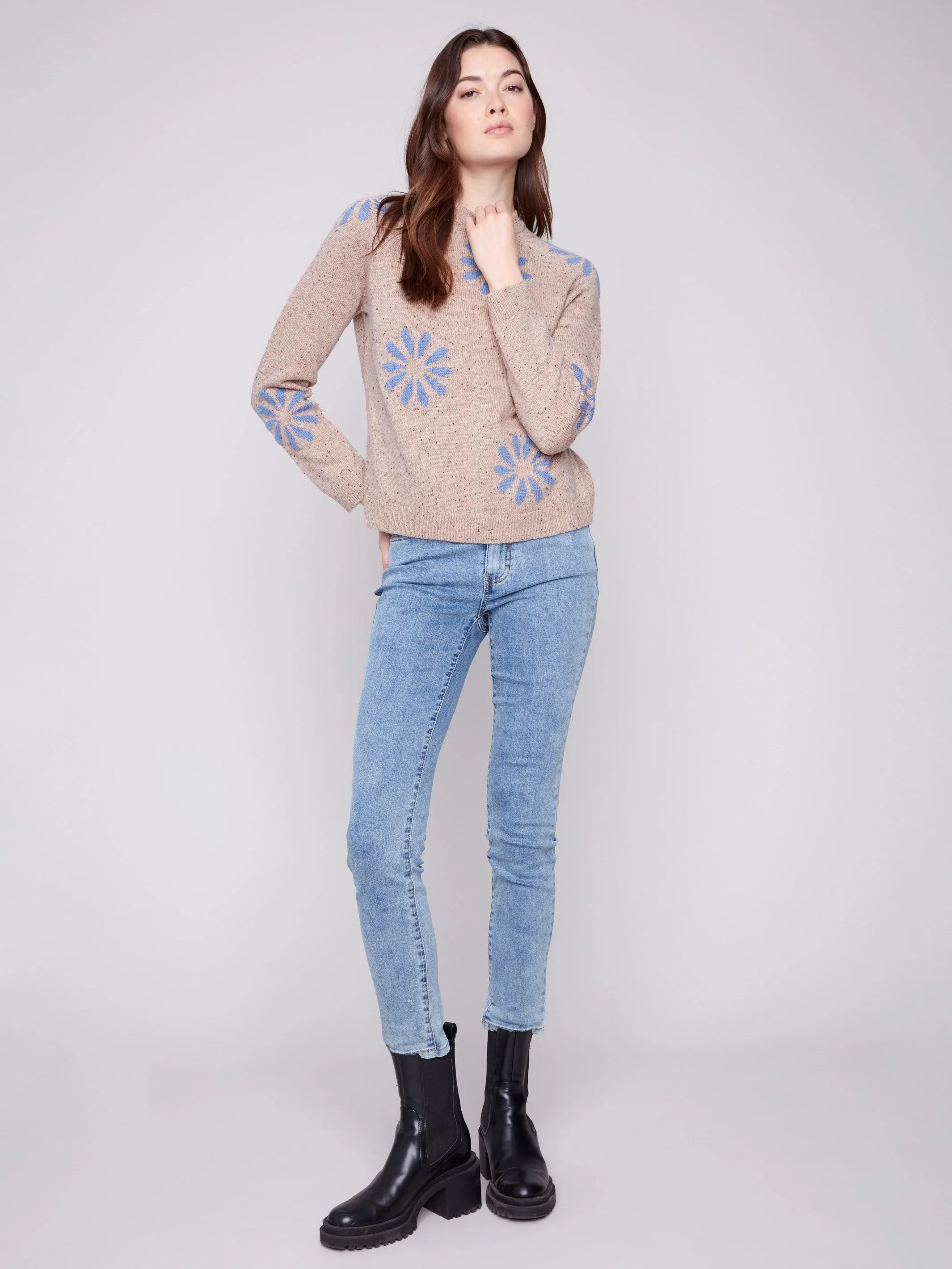 Nep Yarn Mock Neck Floral Sweater - Heather Nutmeg Cozy Knit Piece Seasonal Layer