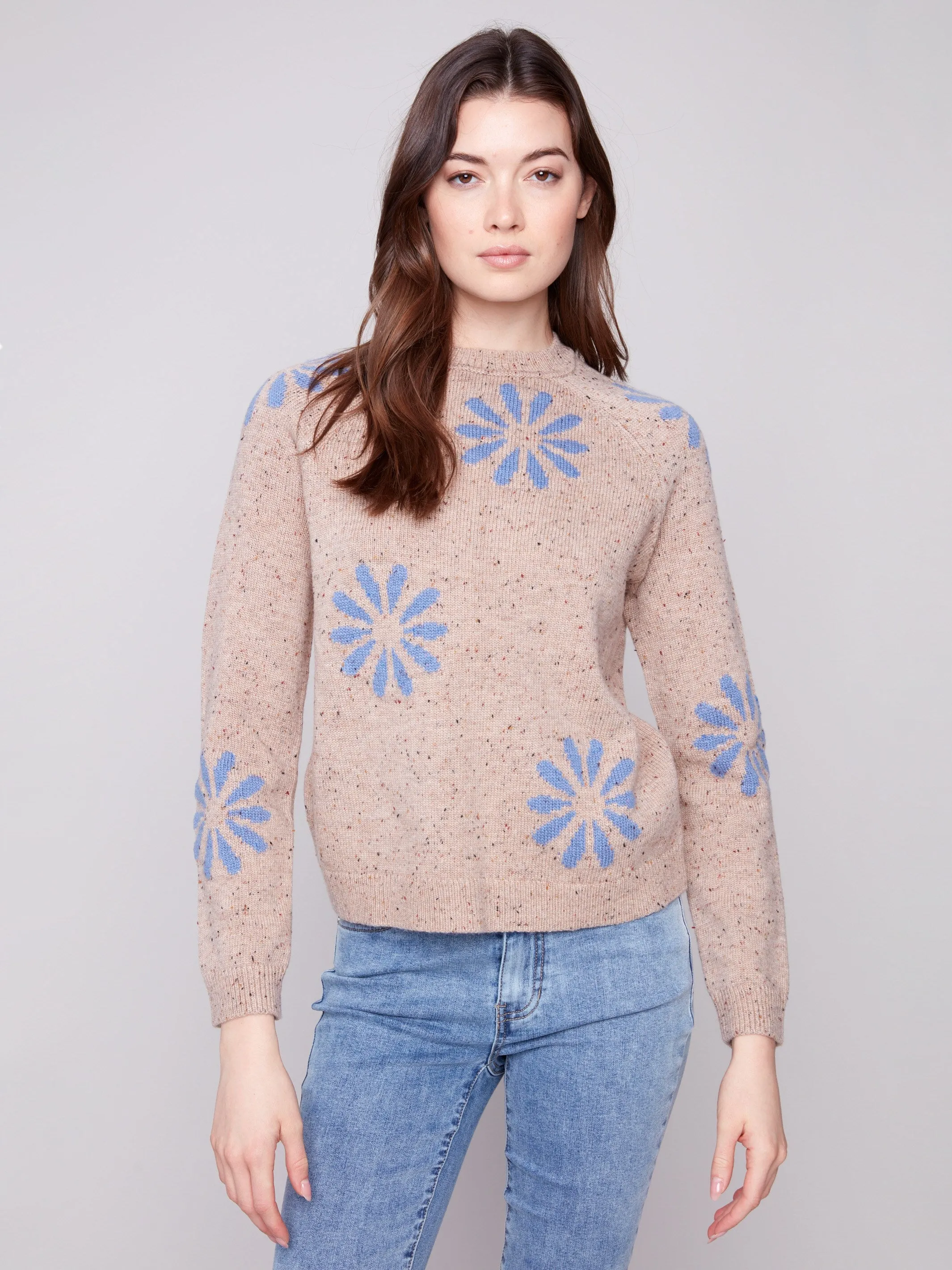Long Lasting Elasticity Nep Yarn Mock Neck Floral Sweater - Heather Nutmeg