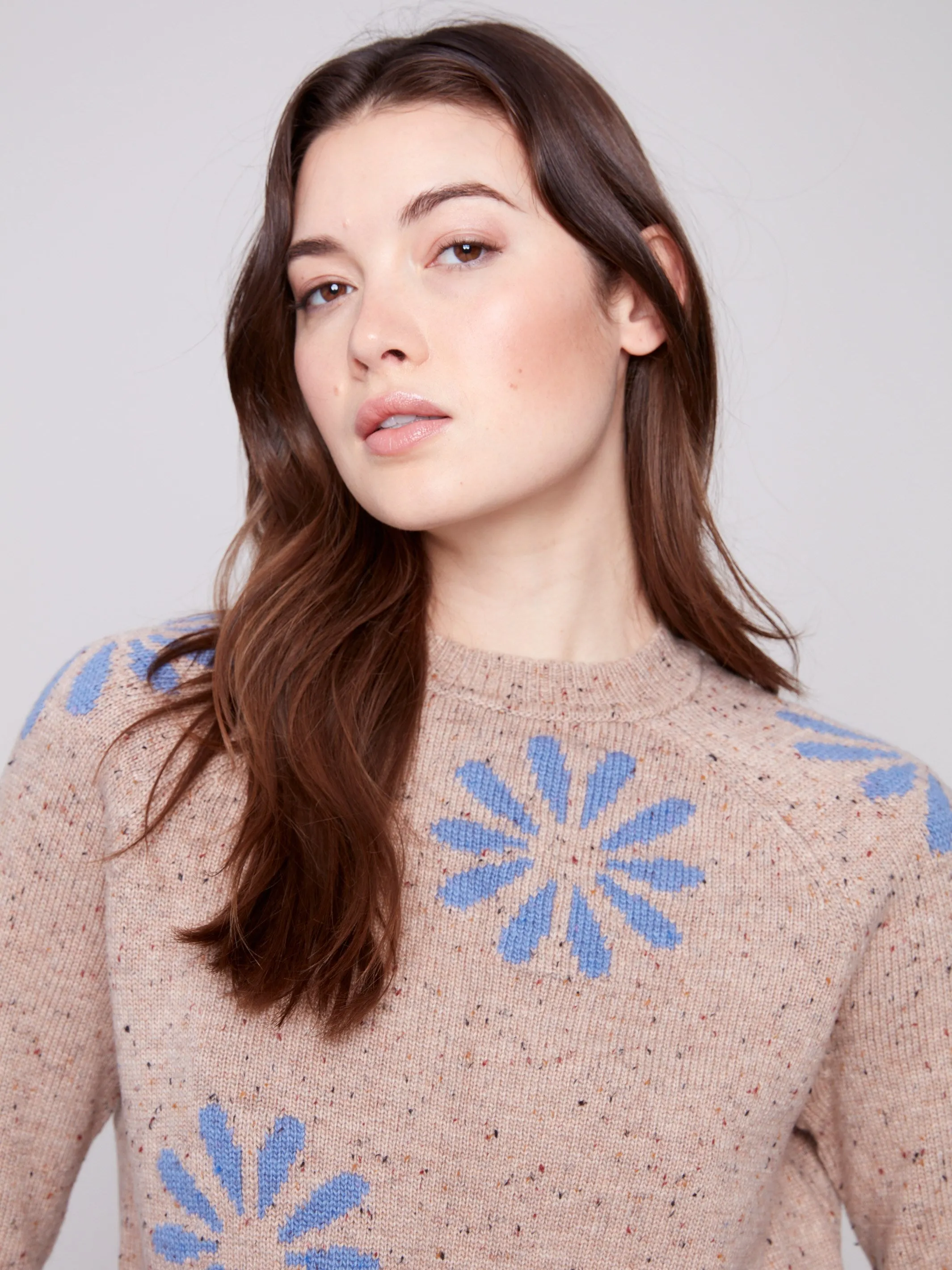 Nep Yarn Mock Neck Floral Sweater - Heather Nutmeg Snuggly Fit