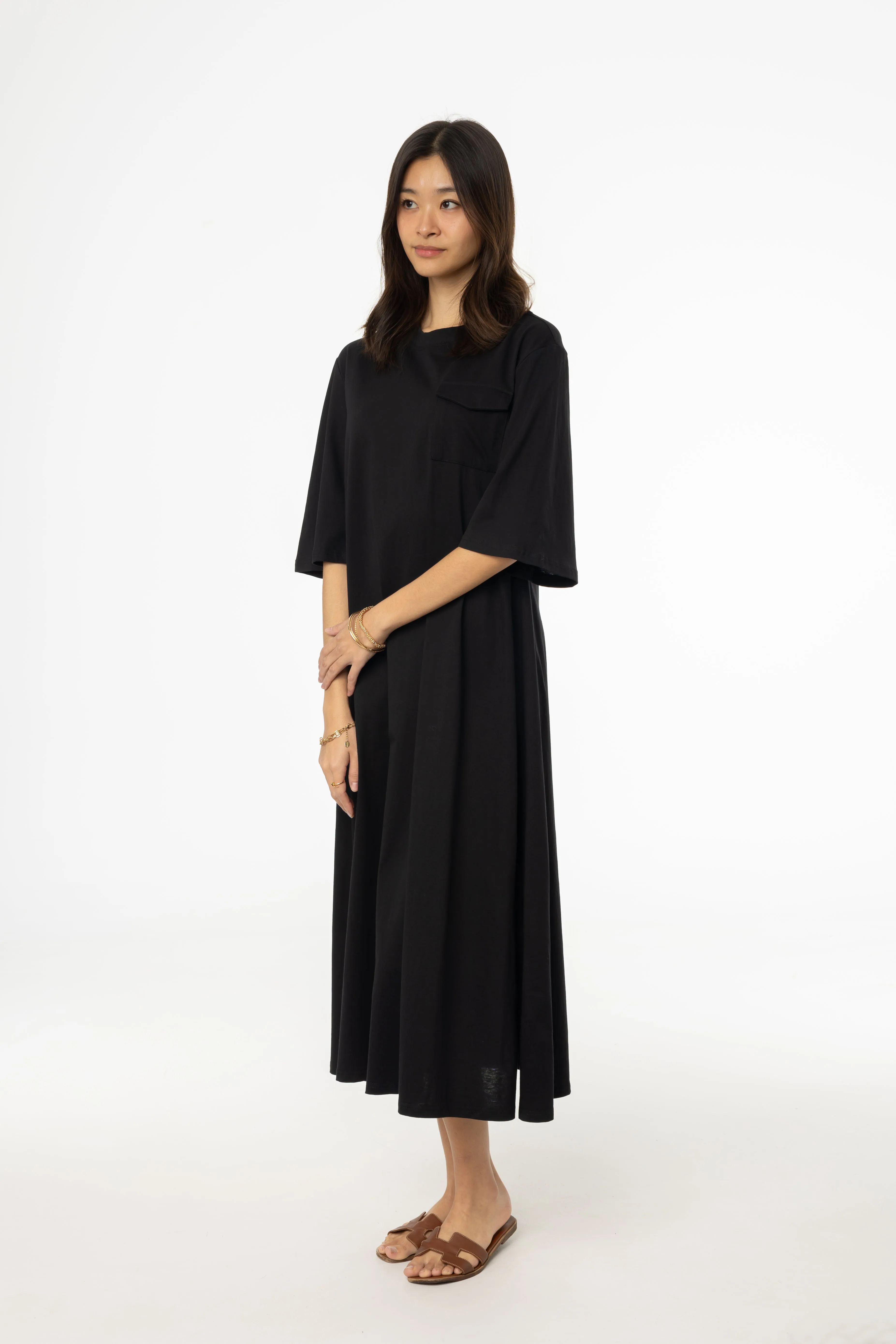 Black Pocket Tee Shirt Maxi Dress Young Edge SheerLayeredPanels