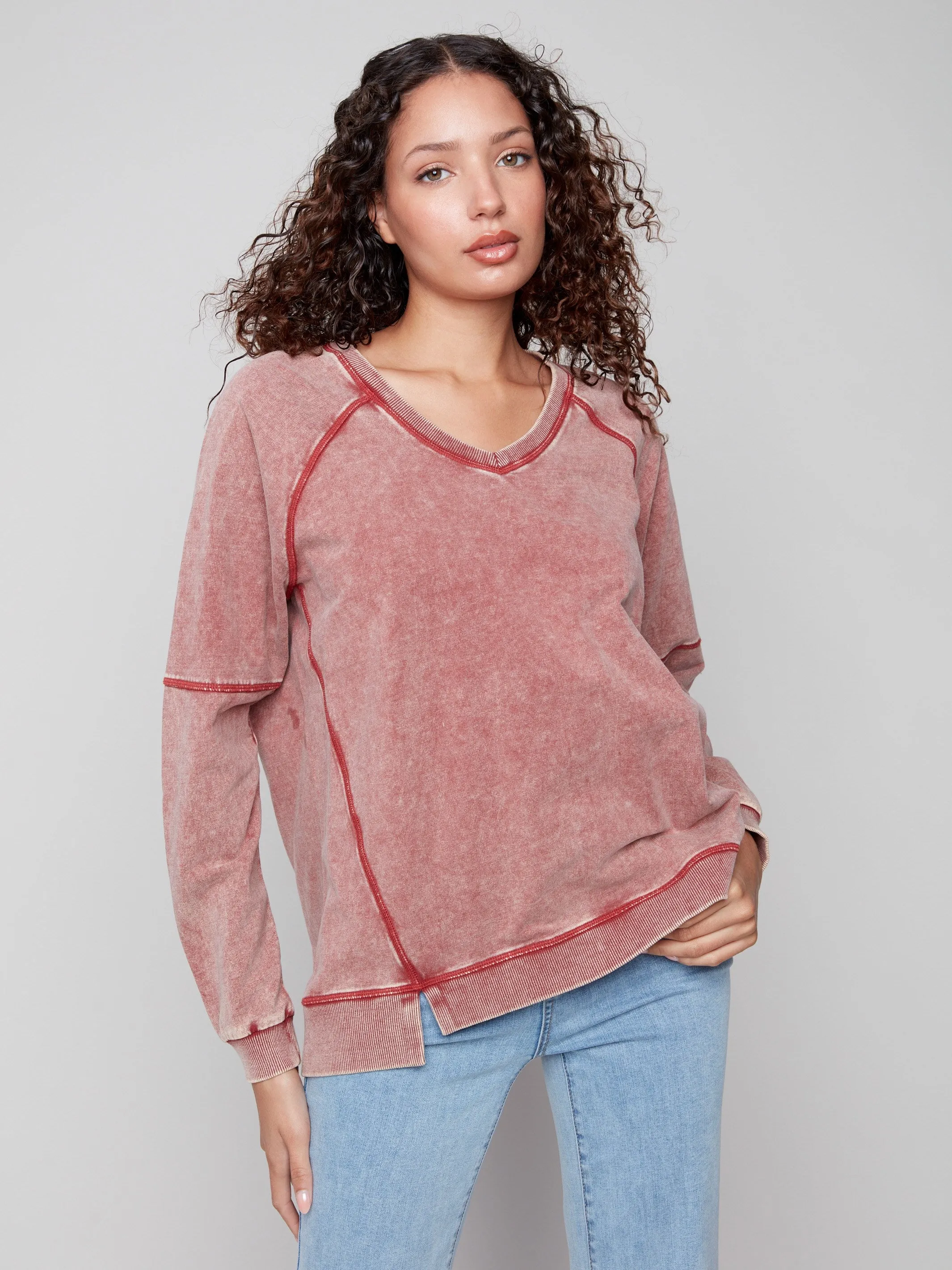 Cold Dye French Terry V-Neck Top - Cabernet Fun and Relaxed Minimalist Style