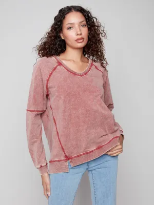 Cold Dye French Terry V-Neck Top - Cabernet Fun and Relaxed Minimalist Style