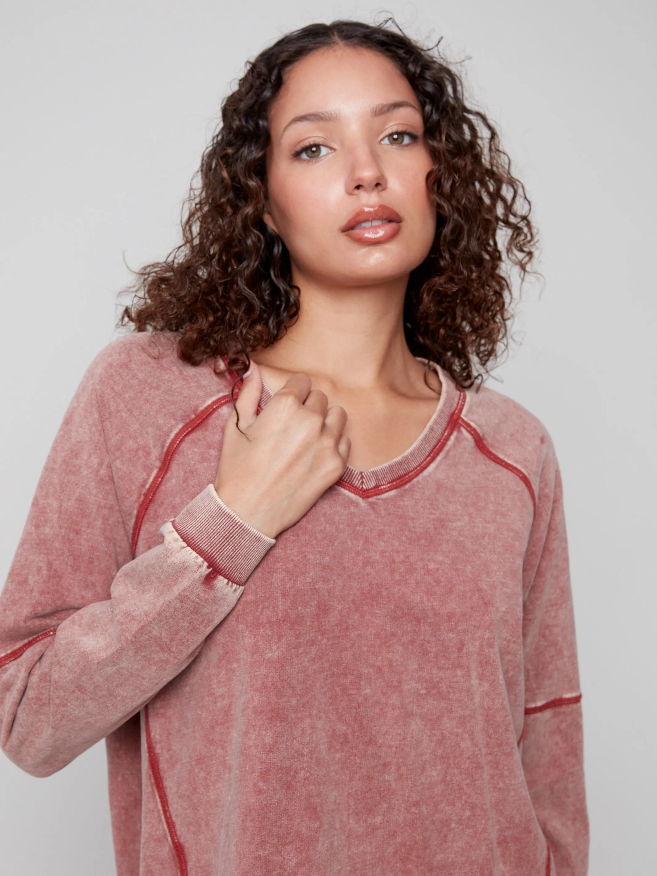 Cold Dye French Terry V-Neck Top - Cabernet Essential Casual Soft Breathable