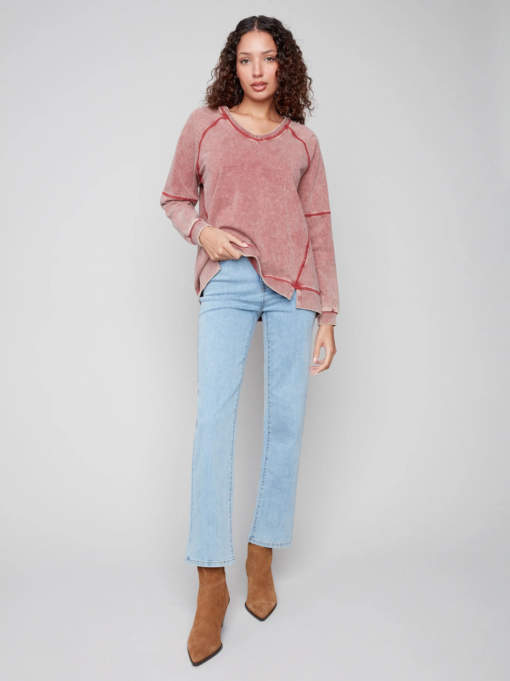 Cold Dye French Terry V-Neck Top - Cabernet Floral Print