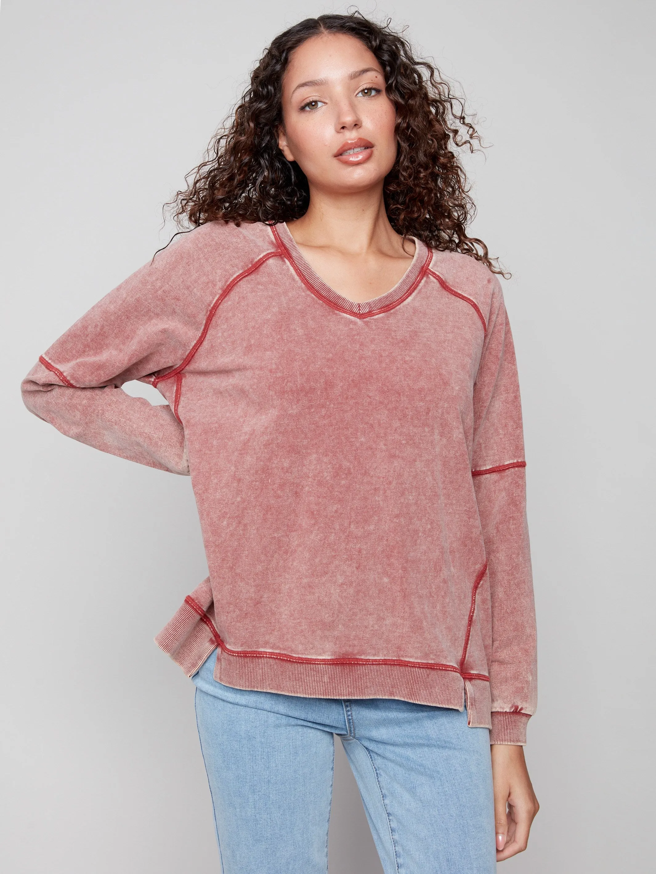 Garment Washed Texture Relaxed Look Cold Dye French Terry V-Neck Top - Cabernet