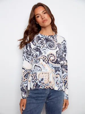 Printed Sweater With Side Buttons - Rococo Knit Style Winter Apparel