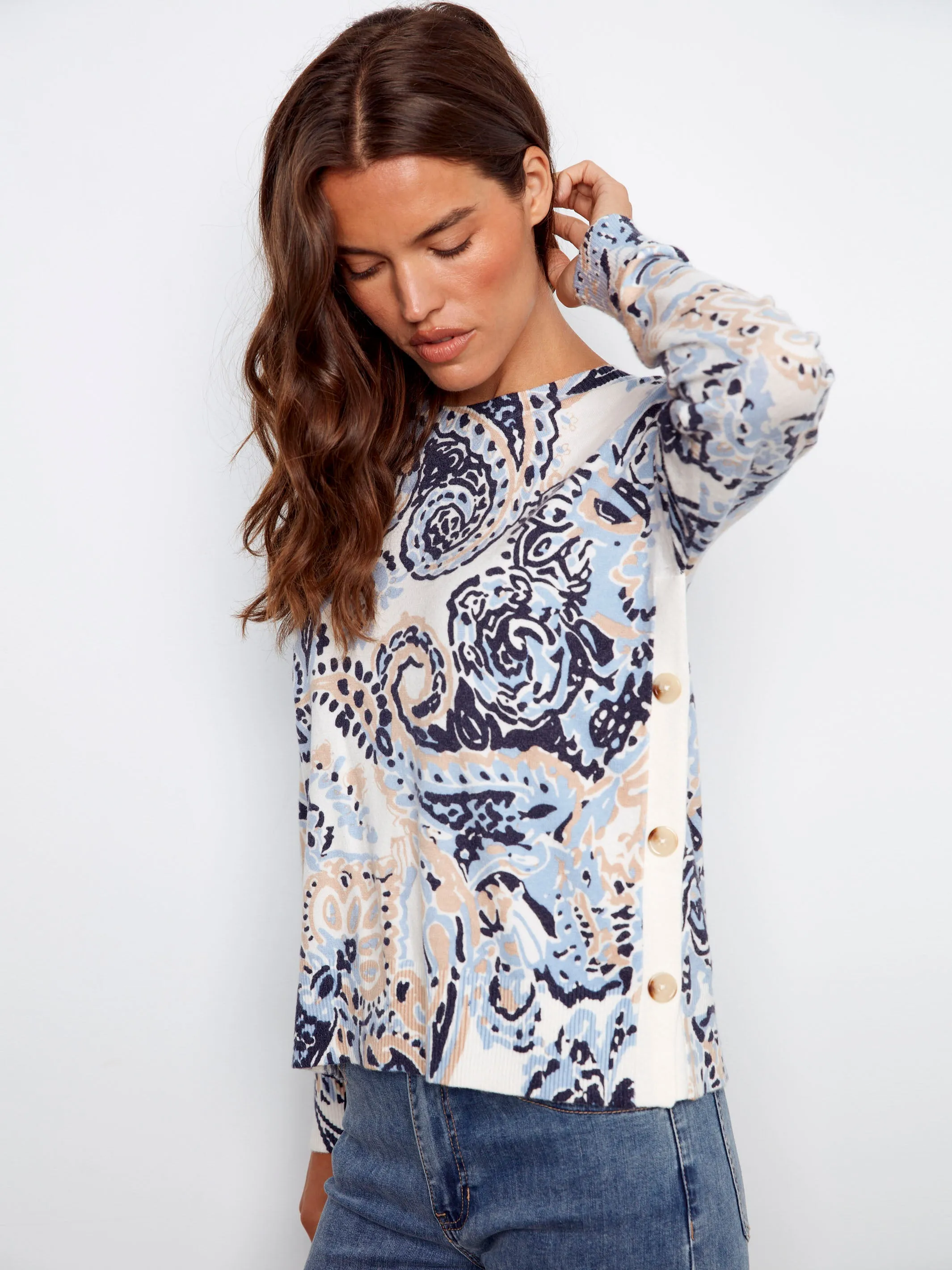 Ergonomic Sleeve Engineering Printed Sweater With Side Buttons - Rococo