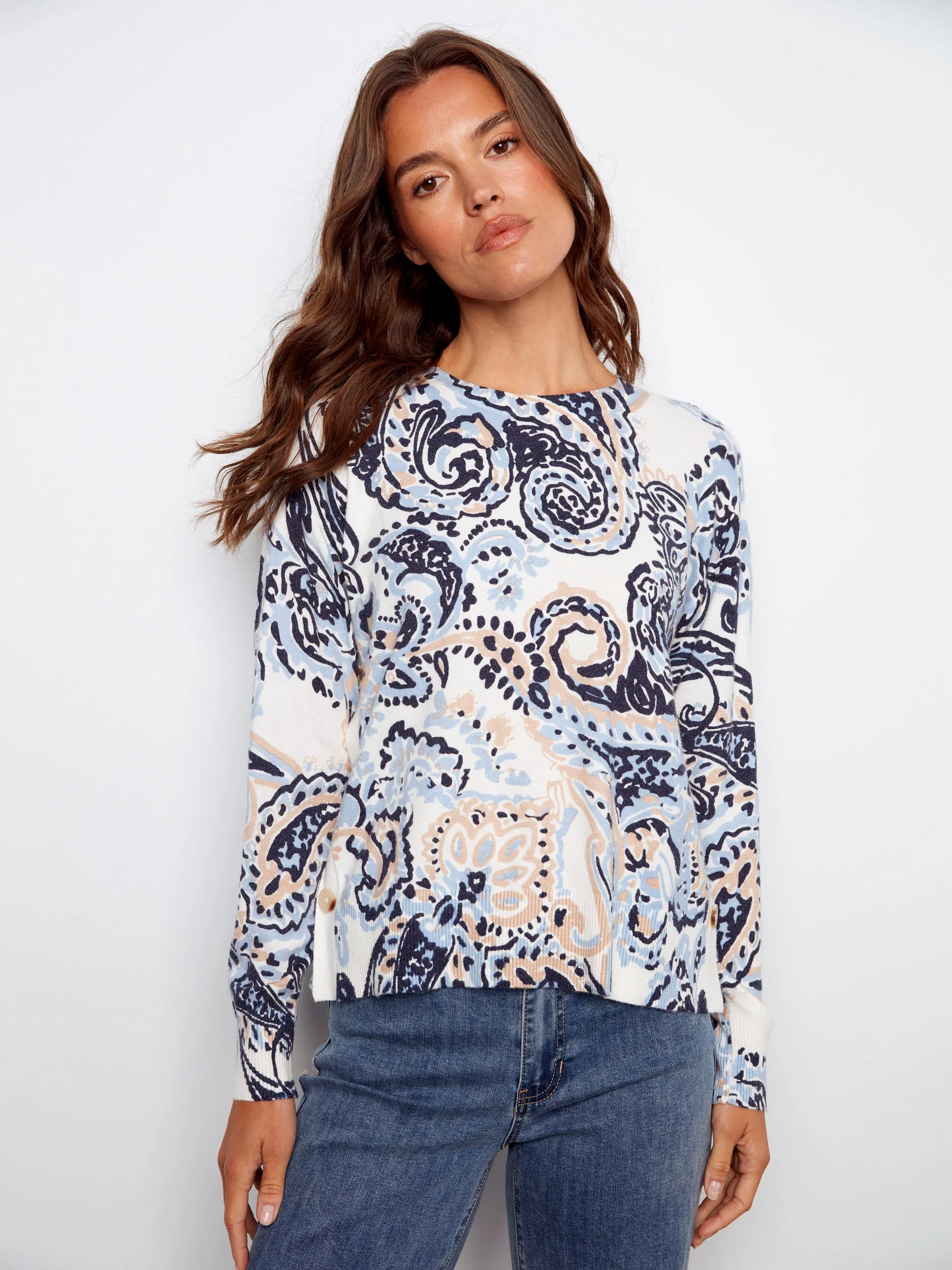 Printed Sweater With Side Buttons - Rococo Knit Style Winter Apparel