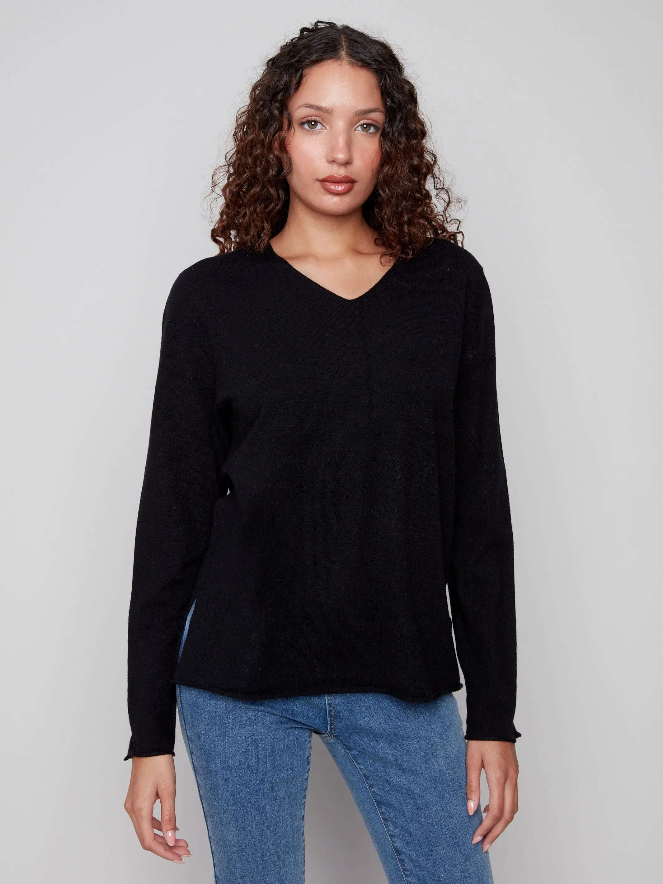 Basic V-Neck Sweater - Black Garment Dyed Finish Cozy Touch