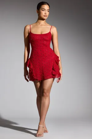 City Star Embellished Frill Mini Dress in Red