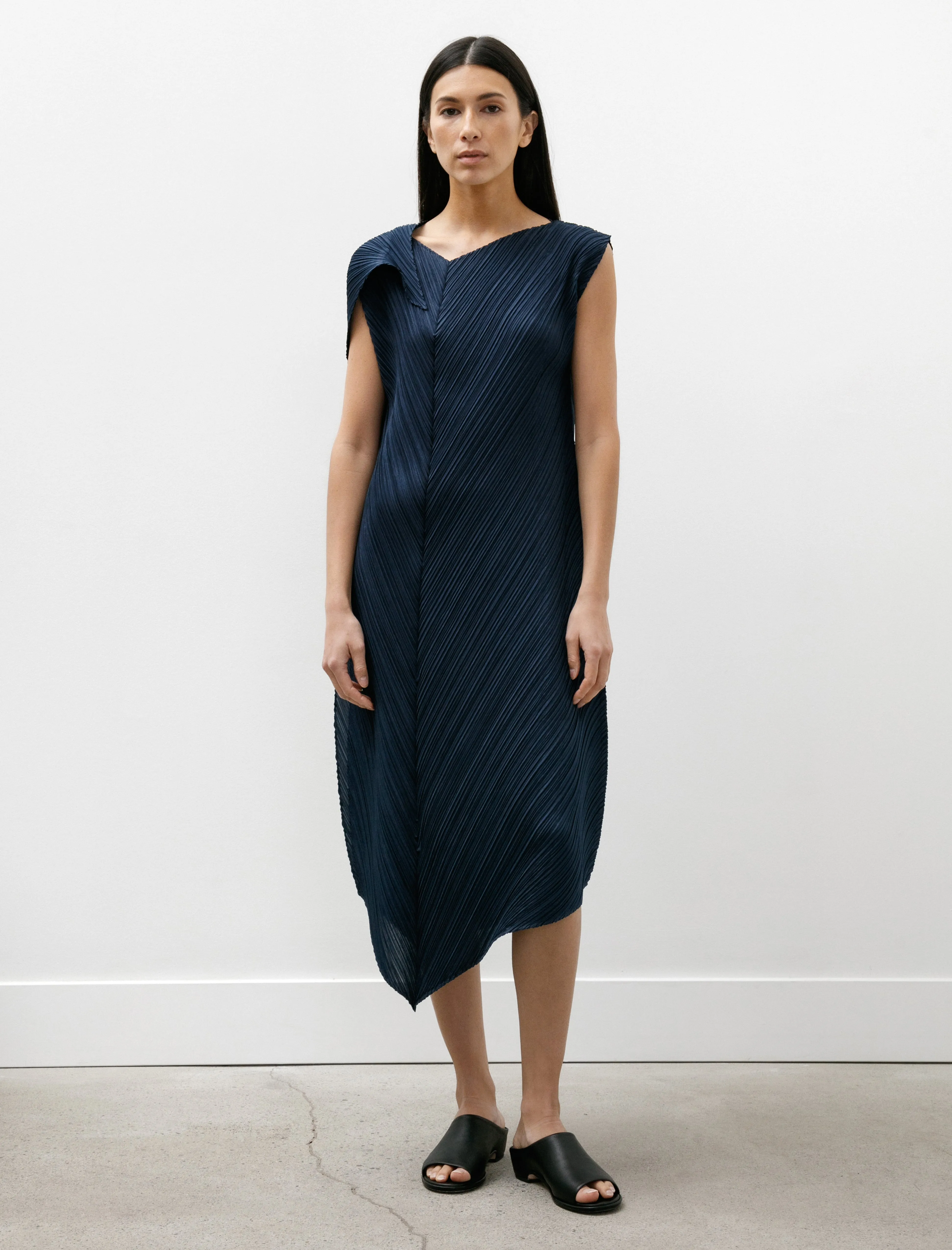 FlexibleWaistband Flare Dress Grayish Navy