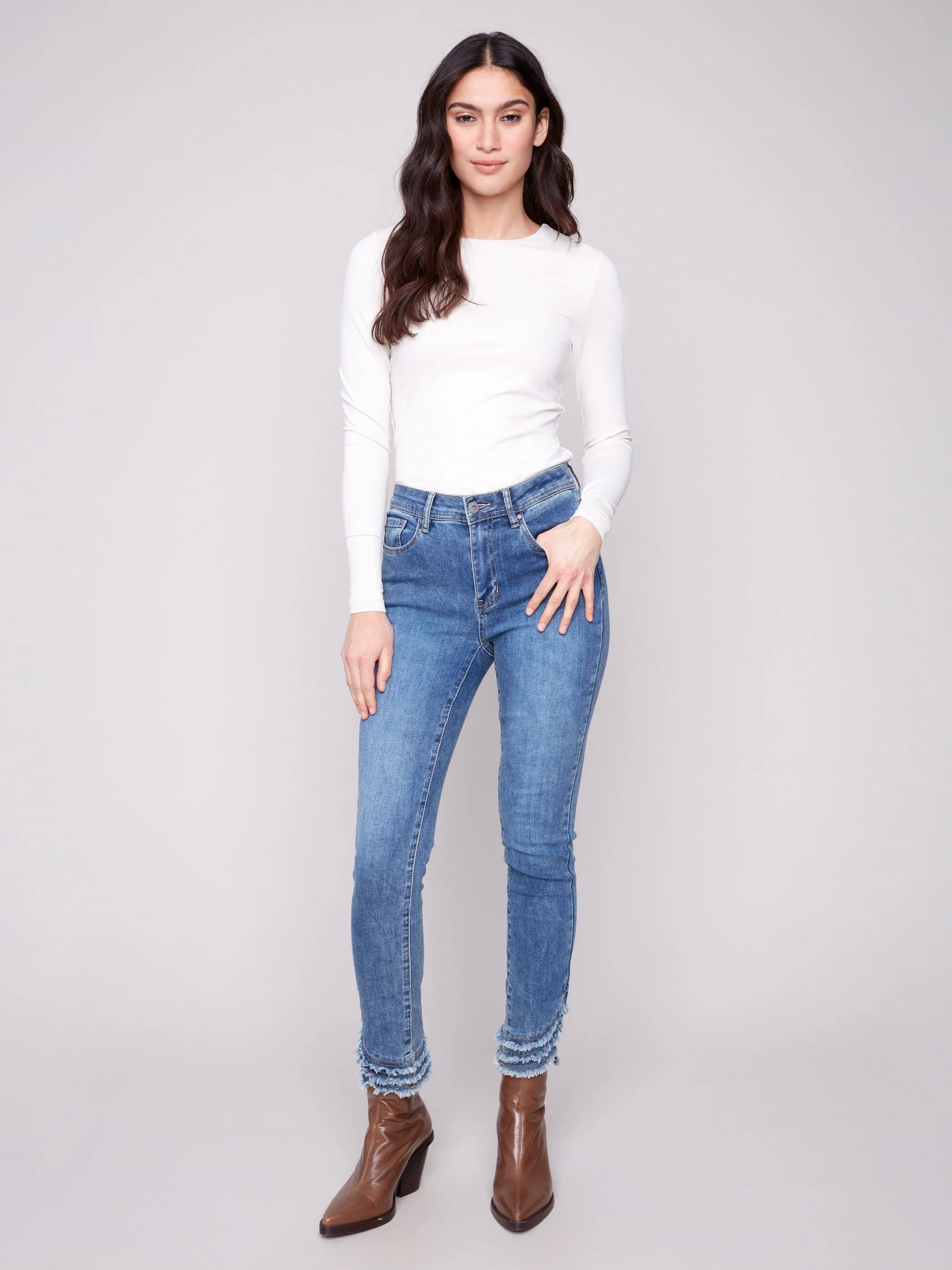 Frayed Hem Denim Pants - Medium Blue Day Wear