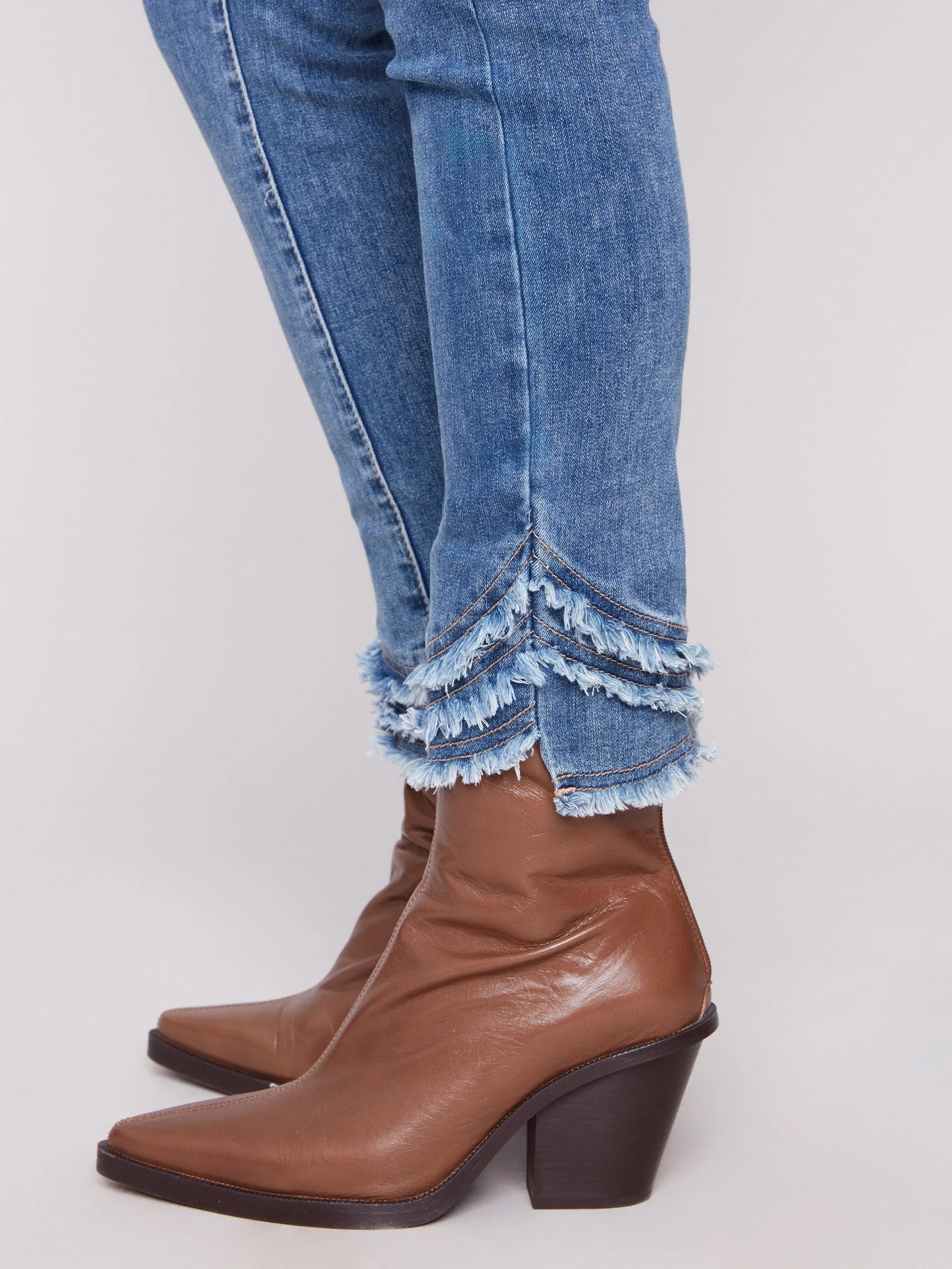 Frayed Hem Denim Pants - Medium Blue Reinforced Stitching