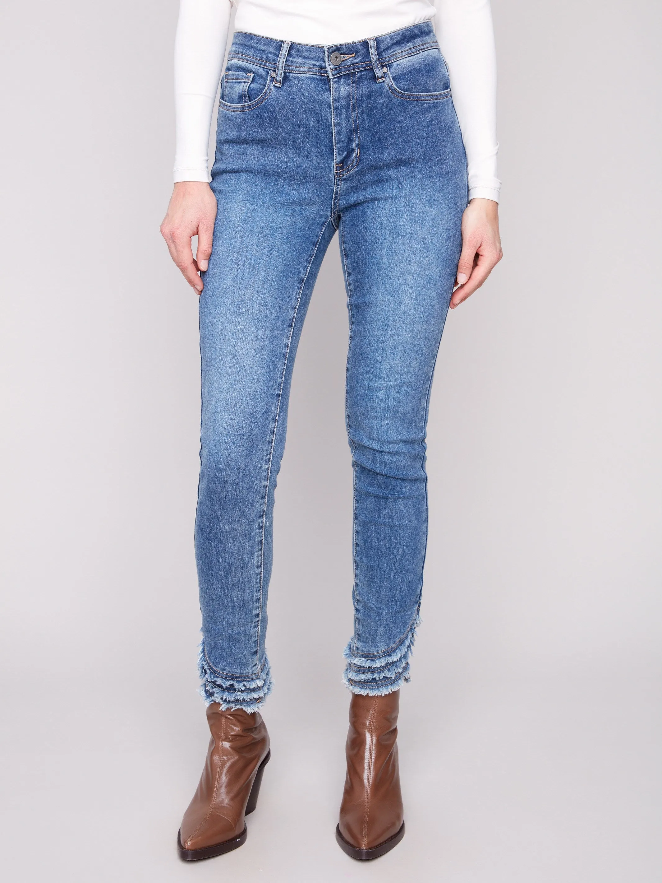 Frayed Hem Denim Pants - Medium Blue Shopping Day Street Fashion Textured Eco Friendly Lightweight Modern