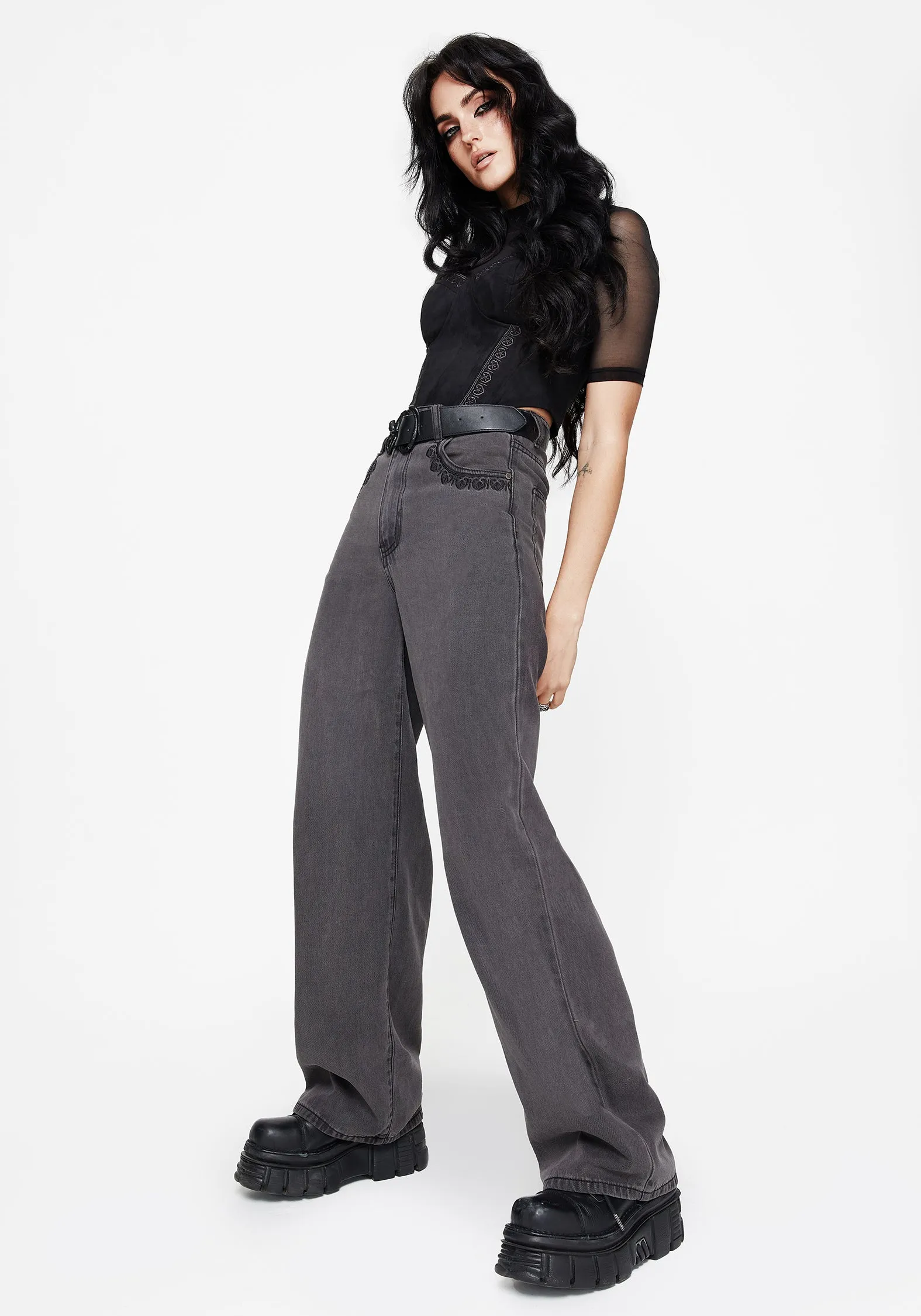 Durable Athlete Fit Travel Outfit Beach Day Versatile Soft Nara Wide Leg Distressed Gothic Embroidery Jeans