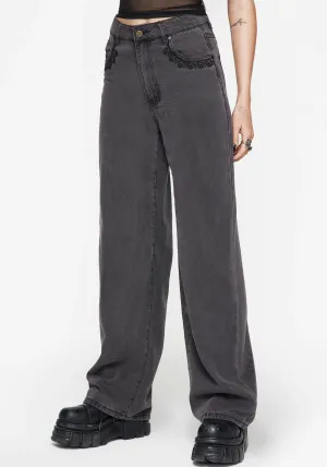 Relax Fit Everyday Classic Wear Comfy Nara Wide Leg Distressed Gothic Embroidery Jeans