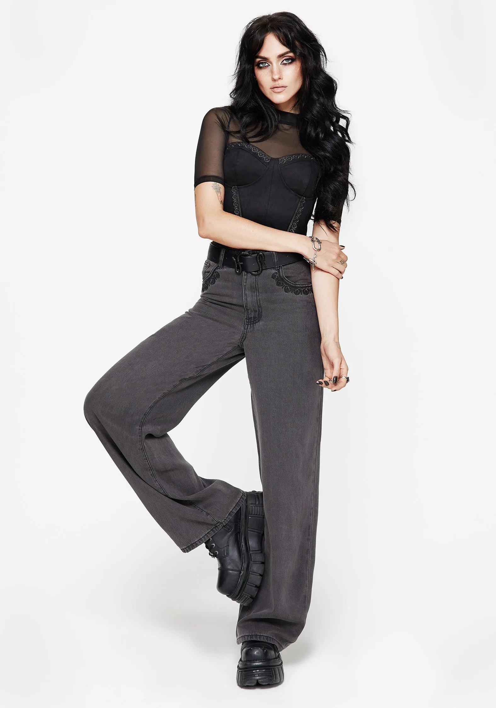 Nara Wide Leg Distressed Gothic Embroidery Jeans Tapered leg