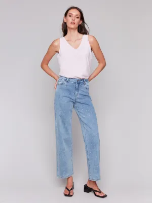 Straight Cut Rhinestone Embellished Wide Leg Jeans - Light Blue