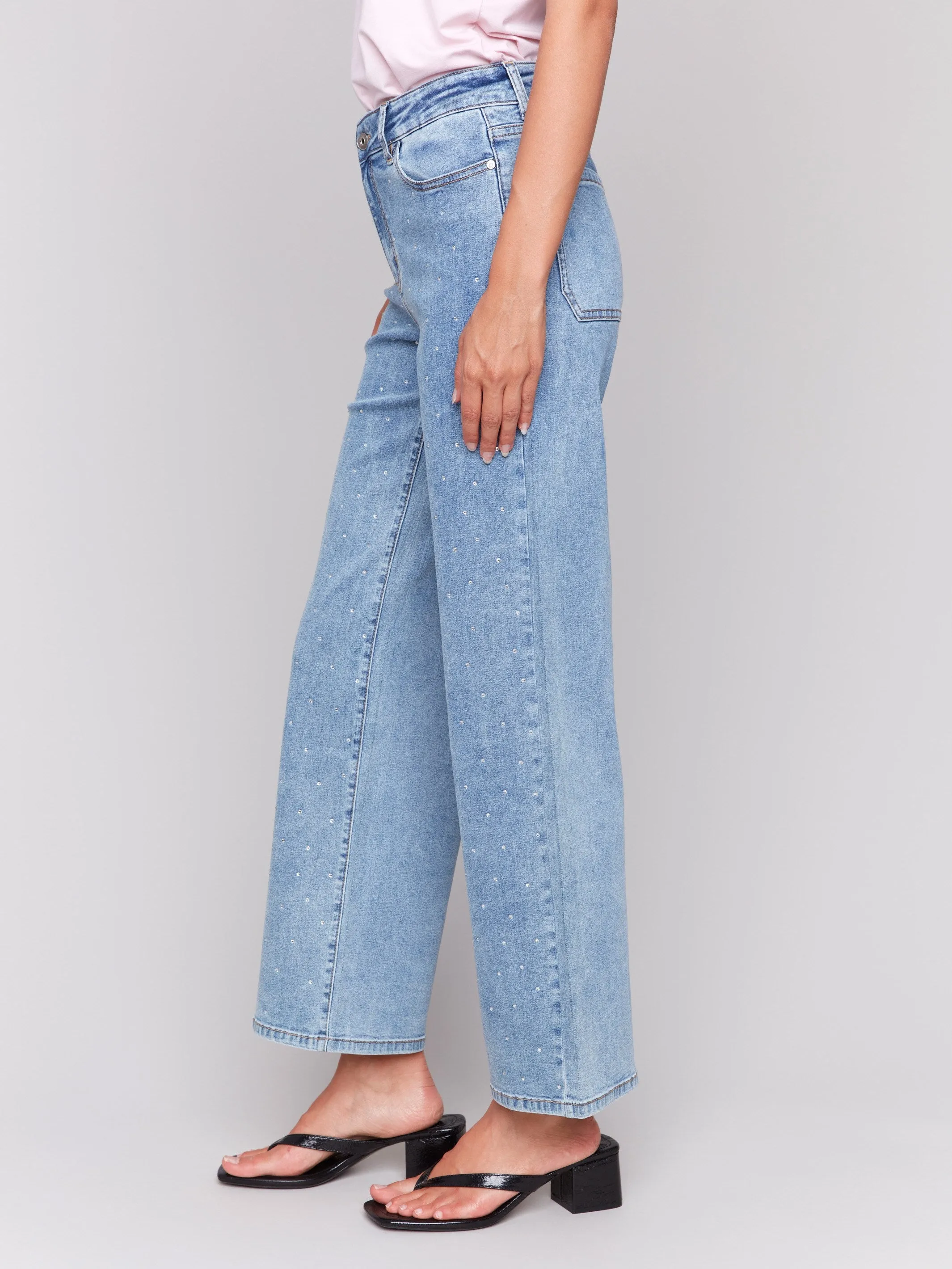 Workwear Ready Rhinestone Embellished Wide Leg Jeans - Light Blue