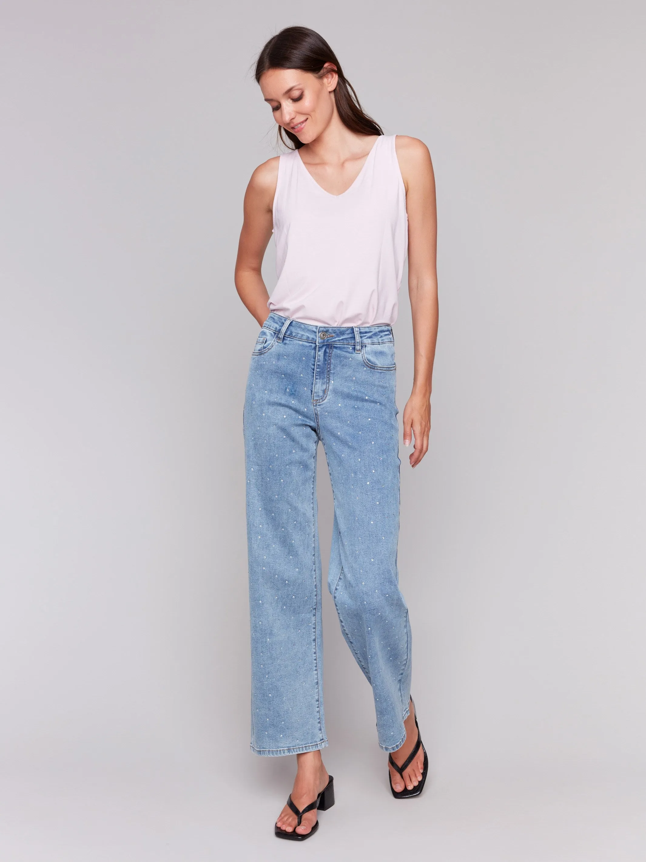 Rhinestone Embellished Wide Leg Jeans - Light Blue Daywear Option