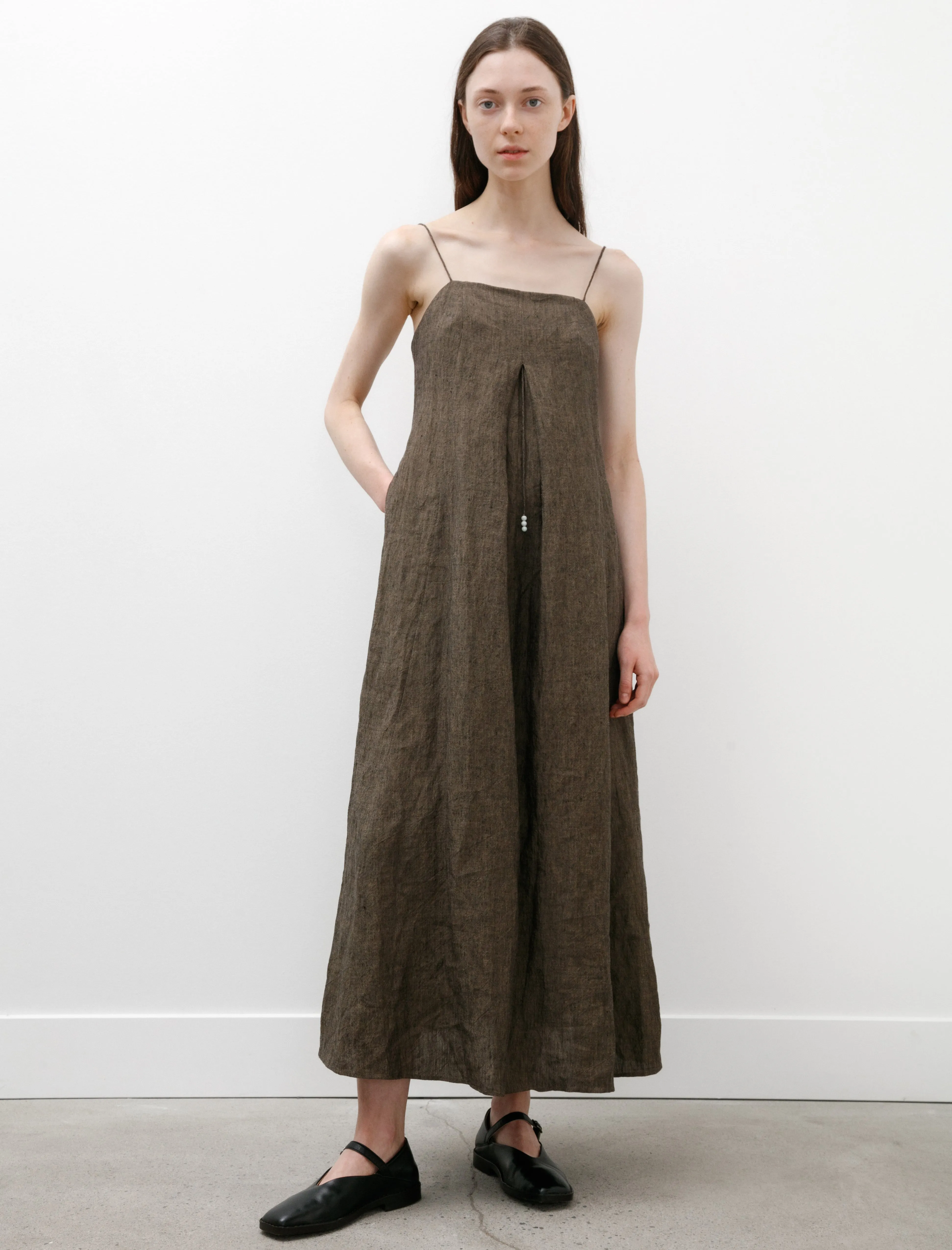 smooth zipper Long Slip Dress Walnut Linen
