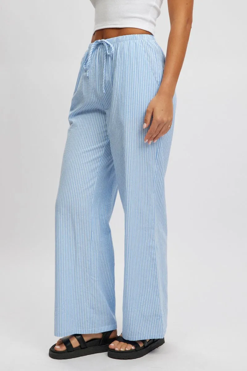 Blue Stripe Wide Leg Pants High Rise Erasable Logo Patch Dressy look