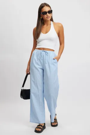 Blue Stripe Wide Leg Pants High Rise Performance Wear